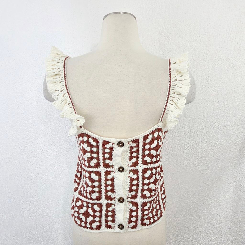 Marine Layer Archive Cora Crochet Tank Brown Cream granny square women's small - Picture 2 of 7